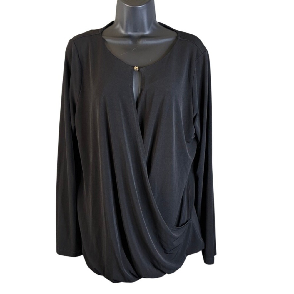 Ivanka Trump Women's Black Long Sleeve Faux Wrap Draped Blouse Gold Hardware L